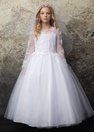 Long Sleeves Beaded Lace Tulle Tea Length Flower Girl Dress